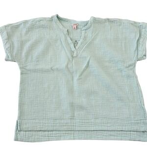 LL Bean Gauze Tunic Top Aqua Blue V Neck Short Sleeve Pullover Shirt XL